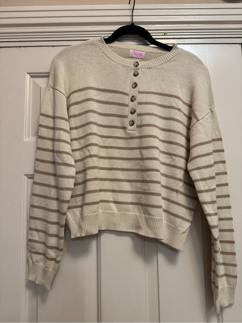Pink Lily Cream & Beige Striped Button Henley Sweater
